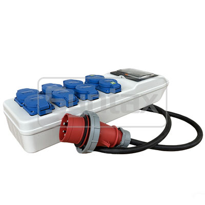 Syntax CT3 16AMP Three Phase Socket Power Splitter Lead IP44 Waterproof With 8 Schuko Sockets 490*142*95mm